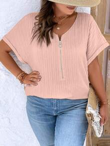 EMERY ROSE Plus Size Women's Solid Color Simple Daily Short Sleeve Shirt For New Year Clothes - Baby Pink - View 3
