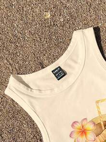 Tseoso Casual Minimalist Coconut Shell Flower Print Round Neck Tight Fit Women Tank Top, Suitable For Summer Spring - Apricot - View 4