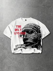 ROMWE MEN 男士休闲印花短袖T恤，复古街头风 - 白色 - 查看 1