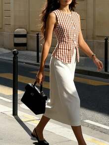 Pariaura 女士格子圆领单排扣不对称下摆时尚百搭通勤衬衫 - 彩色 - 查看 4