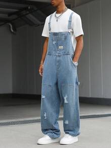 Manfinity EMRG Men's Casual Distressed Patch Chest Strap Denim Overalls, Blue Striped - Light Wash - View 6