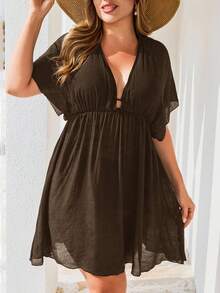 Swim Lushoire 大码女式纯色沙滩罩衫连衣裙，夏季休闲基础款 - 咖啡棕 - 查看 5