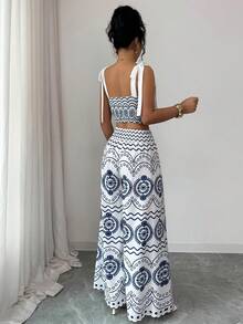 SHEIN Elenzya Women's Blue & White Placement Print Elegant Vacation 2 Pieces Set - Blue and White - View 2