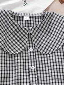 Genkimix Kids Young Girl' Cute Peter Pan Collar Black & White Plaid Lantern Sleeve Shirt - Black - View 3