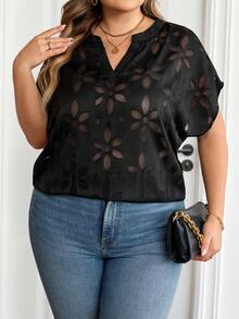 SHEIN CURVE+ 大码纯色V领插肩袖宽松薄纱上衣 - 黑色 - 查看 5