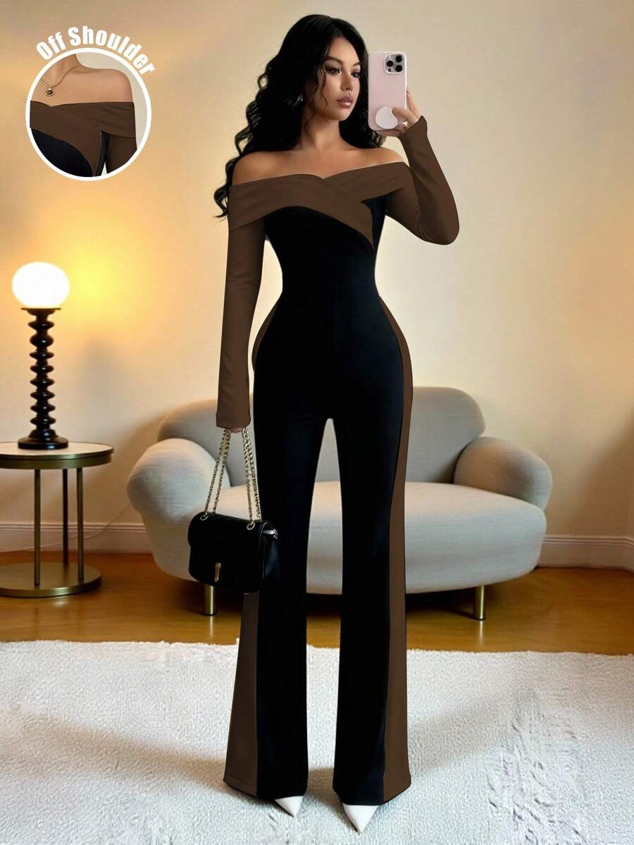 Elenzga Bộ jumpsuit dài tay trễ vai phối màu tương phản thanh lịch dành cho nữ - Cà phê nâu - Xem 1