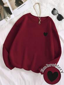 EMERY ROSE Women's Heart Print Crew Neck Casual Versatile Long Sleeve Sweatshirt - Burgundy - View 3