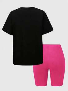 SHEIN ChillGRL 两件套少女时尚印花短袖T恤和紧身印花短裤，休闲街头风 - 彩色 - 查看 3