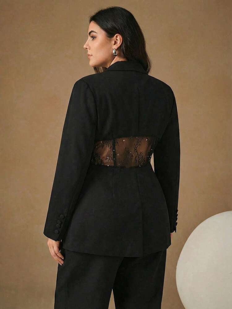 Anewsta Autumn/Winter New Fashionable Design Lace Patchwork Waist Hollow Out Plus Size Women Blazer