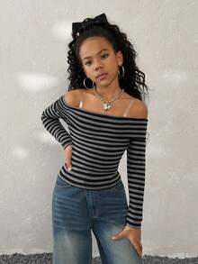 Tween Girls Spring/Summer,Basic Daily Wear Essentials,Y2K Streetwear,Black Stripe Knit Casual Off The Shoulder Top - Black - View 3