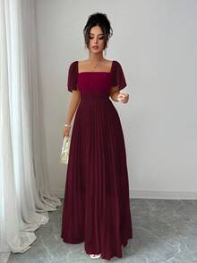 Elenzga 奶油黄色女士A字连衣裙，方领收腰，优雅浪漫 - 酒紅色 - 查看 3