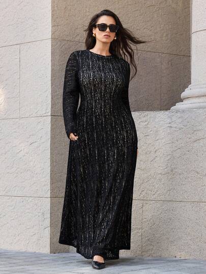 Maija 2026 New Spring Plus Size Women's Long Dress, Elegant Minimalist Design, Black, Fitted Silhouette, Comfortable Lace Fabric, Small Stand Collar, Casual Versatile, Office/Commute, Daily Wear, Valentine's Day Outfit, Slimming, Semi-Sheer, Stylish, Long Sleeve, Round Neck, Waist Cinched, A-Line, Women's Office Attire, Tea Party, Holiday Party, Wedding Guest Dress, Textured Fabric, Fashion Bestselling Long Dress Maxi Long Sleeve Dress