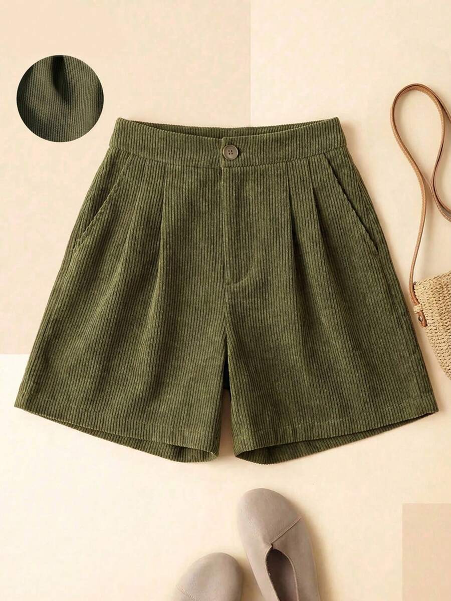 GENKIRA Quần short ống đứng vải nhung kẻ thường ngày dành cho nữ, đa năng và thon gọn - xanh quân đội - Xem 1