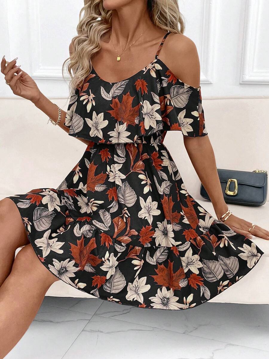SHEIN Clasi Women's Romantic Floral & Plant Print Off-Shoulder Ruffle Hem Camisole Vacation Summer Dress Spring Summer Vacation Women's Day Elegant Gift For Mom Festival Outfit Beach Date Night ,Summer Dress