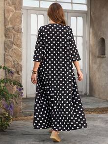 Rosumi 大码女士休闲度假圆领七分袖波点、格子和条纹拼接连衣裙 - 黑與白 - 查看 3