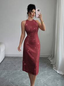 Elenzga Women's Elegant Sequin Embellished Round Neck Sleeveless Midi Dress, Romantic French Sicilian Style, Suitable For Casual, Commute, Vacation, Afternoon Tea, Christmas, Formal Party - Burgundy - View 4