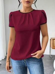 SHEIN LUNE 女士时尚休闲花瓣袖撞色圆领衬衫 - 紅色 - 查看 4