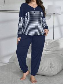 SHEIN 大码休闲撞色条纹装饰纽扣舒适套头衫和裤子家居服套装，舒适保暖，秋冬服装 - 藏蓝色 - 查看 4