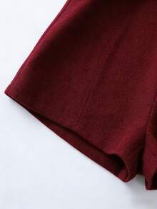 SHEIN Franclia 女士纯色腰带优雅时尚短裤 - 酒紅色 - 查看 3