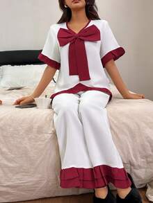 Dream Adore Conjunto de pijama para niñas con cuello en V con lazo, manga corta y volantes de color contrastante - Multicolor - Ver 3