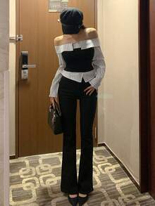 DAZY 修身时尚撞色条纹露肩长袖上衣 - 黑色 - 查看 4