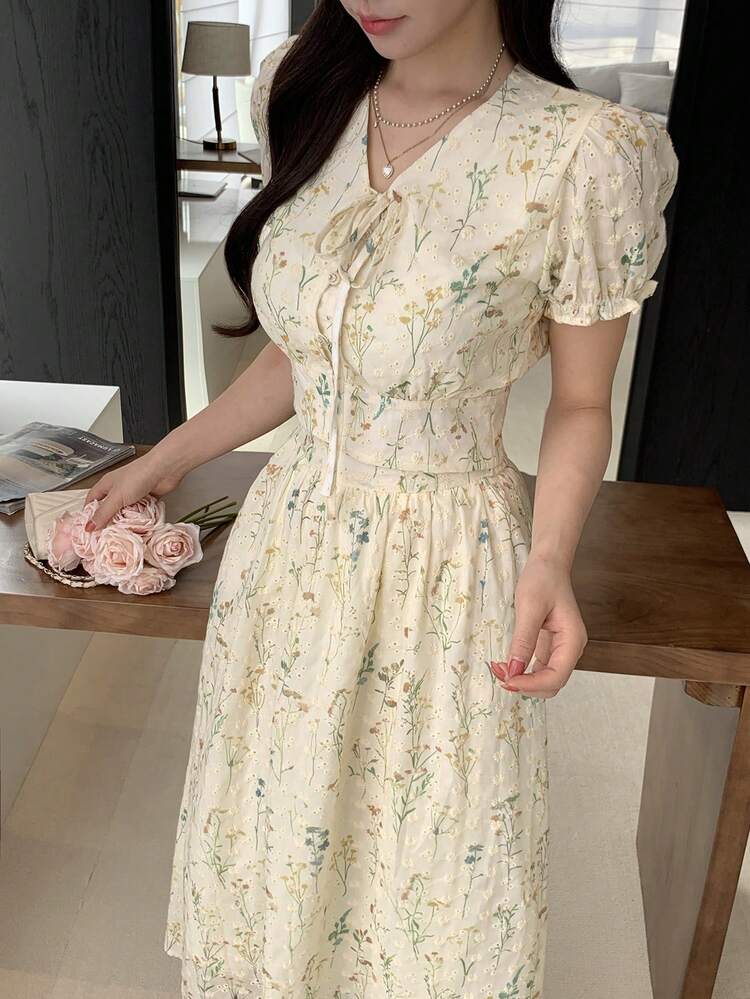 Women Floral Embroidery Front Tie Puff Sleeve Blouse And Skirt 2 Pieces Set