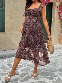 SHEIN Umstandskleid Schwangerschaftskleid, Urlaubskleid in Blau, Urlaubsoutfit für Frauen, Sommerkleid, Umstandskleid aus Chiffon mit Blumenmuster, elegant für Urlaubsoutfit, Sommerkleid, Umstandskleid mit Ditsy-Blumenmuster, Twist-Rückendesign, Puffärmel, elegantes Partykleid für Schwangere, Ditsy-Blumenkleid, Blumenkleid, langes Urlaubskleid, elegantes Sommerkleid, Wildblumenkleid, elegantes Sommerkleid - Bordeaux - Übersicht 4