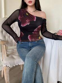 Modelyn Women's Black Solid Color Mesh Contrast Mesh Printed Asymmetric Ruched Plus Size T-Shirt One Shoulder Blouse Flower Print Top - Black - View 5