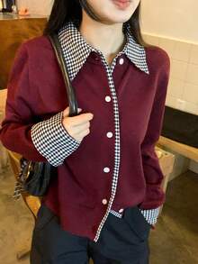 DAZY Women's Plaid Patchwork Long Sleeve Single-Breasted Casual Knitted Cardigan, Autumn/Winter - Burgundy - View 1