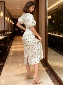 INAWLY Women's Polka Dot Print Contrast Lace Deep V Puff Sleeve Fitted Elegant Dress - Apricot - View 2