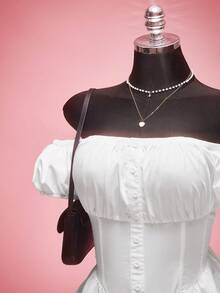 SHEIN ICON 大码女式露肩迷你连衣裙，泡泡袖，纽扣设计 - 白色 - 查看 4