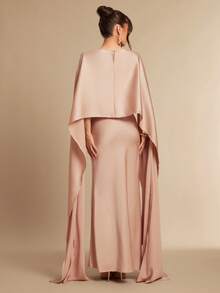 Silquee 女士纯色圆领修身鱼尾裙摆优雅披肩领连衣裙 - 藕粉色 - 查看 2