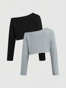 Sweetra 纯色简约露肩宽松舒适短袖长袖卫衣 - 黑色 - 查看 2