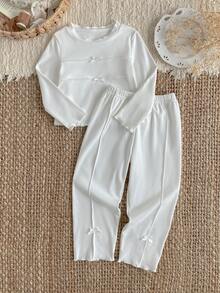 Girls Plain Knitted White Undershirt With Long Sleeves Ruffled Neckline And Bow Accents - White - View 6