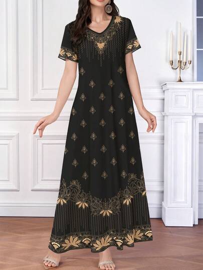 Al Najma Women's Elegant V-Neck Short Sleeve Floral & Fan-Shaped Botanical Print Dress, Suitable For Spring/Summer, Black And Gold Dresses For Women, Dress Modest Turkish Dress