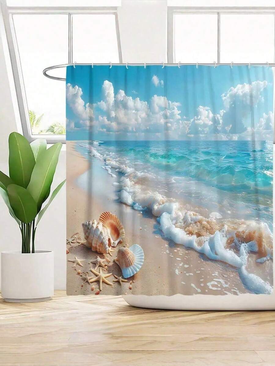 1pc Printed Beach Series Beach Scenery Beach Shell Pattern Shower Curtain Bathroom Set, Must-Have For Home, Dorm Decor Home Bathroom Decor Fall Decor Back To School - Multicolor - View 1