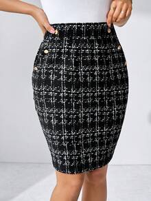 Editum Women's Elegant Faux Leather Pocket With Metal Buckle Skirt, Suitable For Work, Casual And Daily Wear In Summer - Black and White - View 10