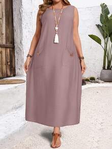 EMERY ROSE Plus Size Women's Solid Color Round Neck Sleeveless Casual Dress With Pockets/Summer/Spring/Vacation - Pink - View 5