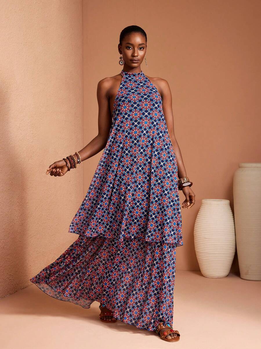 JIAN LASALA All-Over Print Mesh Halter Neck Tie Sleeveless Layered Ruffled Women Maxi Dress Spring Summer - Multicolor - View 1