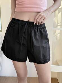 DAZY Women's Solid Color Drawstring Waist Casual Versatile Daily Workout Outdoor Sports Shorts - Black - View 3