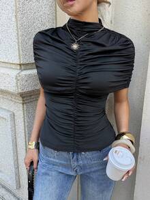 Siren Gaze Spring & Summer Valentine's Day Women's Solid Color Pleated Shoulder Turtleneck Elastic Fitted Waist Stylish T-Shirt - Black - View 6