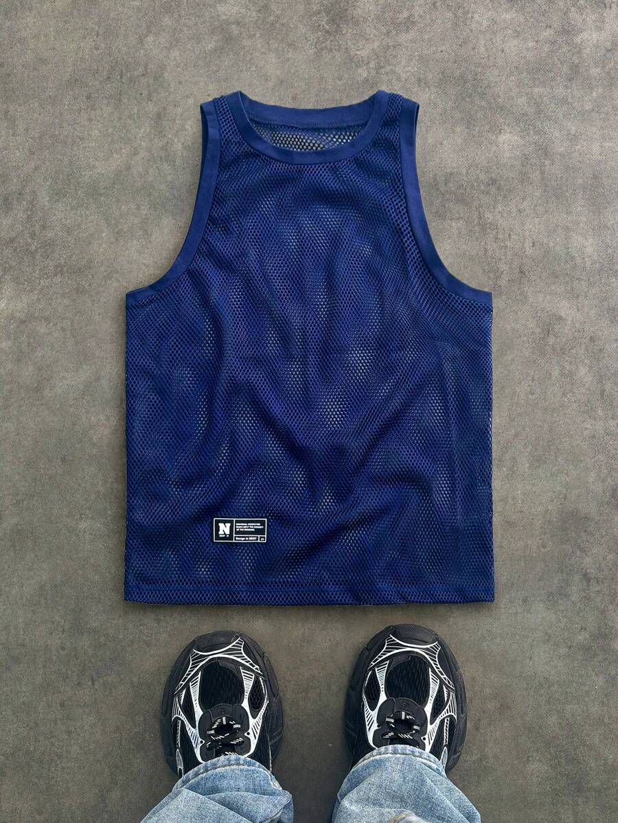 SWAVVY Áo tank top lưới in chữ dành cho nam, thích hợp mặc hàng ngày vào mùa xuân và mùa hè. - Xanh đậm - Xem 1