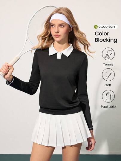 CourtClass 休闲简约百搭修身瑜伽撞色纽扣长袖运动Polo衫