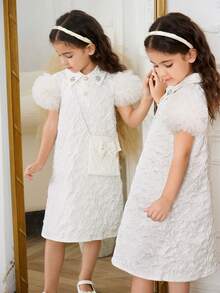 Vestito da principessa per bambine e ragazze, nuova versione coreana per l'estate, in tessuto jacquard con piccolo colletto, decorato con diamanti, maniche a balze e design in rete, linea ad A. Borsa a tracolla diagonale con fiocco, color albicocca, semplice ed elegante, adatto per feste di compleanno e occasioni di lusso. - Cachi - Visualizzare 8