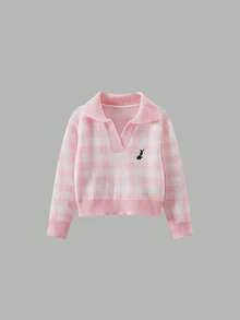 Sweetra Young Girl Autumn/Winter Casual Commuting School Style Rabbit Embroidery Gingham Pattern V-Neck Sweater And Pleated Skirt Set Fall - Pink - View 7