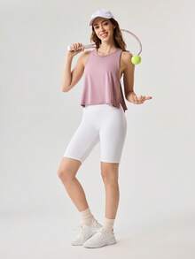 OutZeal 女士健身服运动背心粉色普拉提套装健身上衣凉爽飘逸下摆运动上衣 - 淺灰紫 - 查看 4