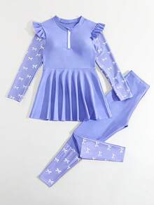 SHEIN Tween Girls Tankinis – Casual, Conservative, Purple, Cute Bow Print, Knit Fabric, Front And Middle Training, Shoulder Flutter Edges, Pants, Printed Overlay, Two-Piece Set + Long-Sleeved Top/Skirt/Long Pants – Stylish, Casual, Elegant, Sophisticated, Feminine – Suitable For Swimming, Summer Vacation, Summer Beach, Seaside, Pool, Swimming Pool, Party Leisure Getaway.