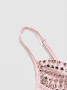 ROMWE Grunge Punk Áo hai dây ôm sát người phong cách punk tối màu gợi cảm, thời trang dành cho nữ, đính đinh tán nhọn, thích hợp cho mùa hè. - Hồng - Xem 3