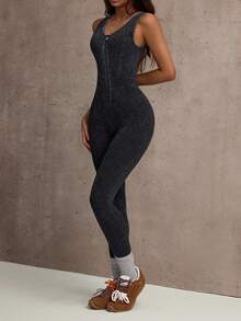 Dewbera 1pc Women's Seamless Sleeveless Washed Matte Textured Contoured Slimming Yoga Running Fitness Exercise Base Layer Cropped Jumpsuit - Black - View 4