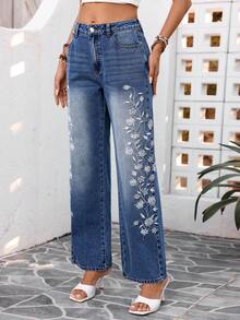 Breezaya Quần jeans ống rộng dáng suông thêu hoa dành cho nữ, phong cách thường ngày. - Rửa tối - Xem 3